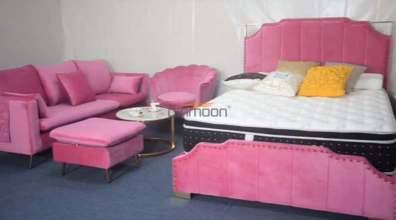 Fabric full bedroom furniture sets with pink color