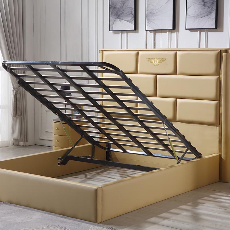 Queen size leather upholstered gas lift bed frame with storage mechanism