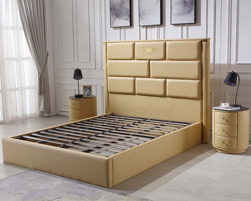 Queen size leather upholstered gas lift bed frame with storage mechanism