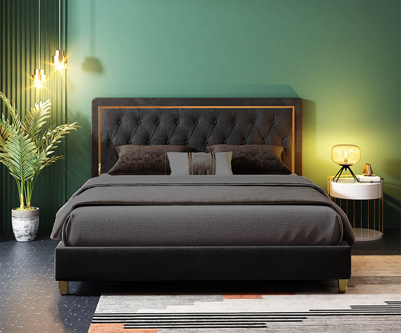 Black button leather bed with stainless steel 