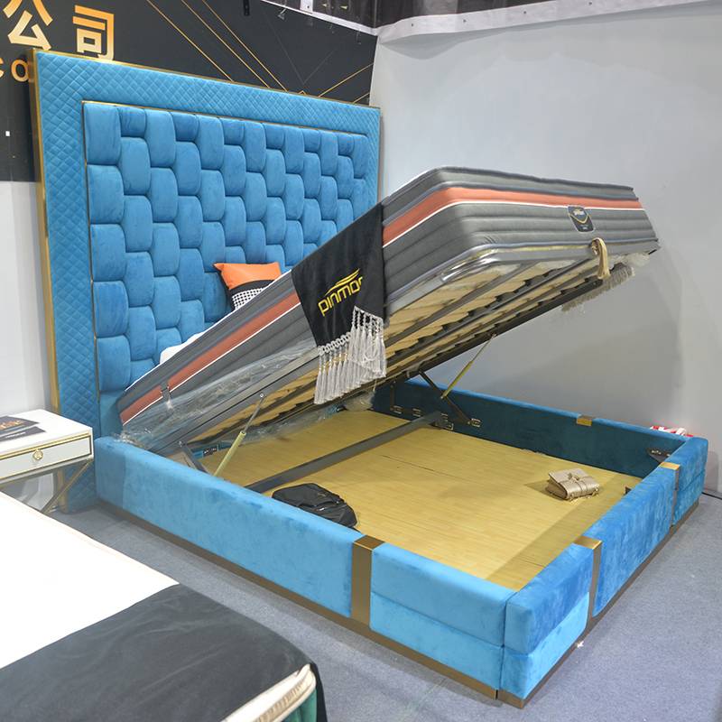 Super luxury blue velvet king size fabric upholstered storage beds