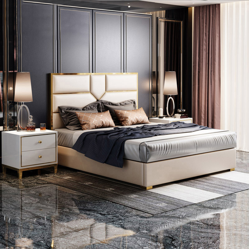 Luxury modern comfortable king queen size leather upholstered bed manufacturer