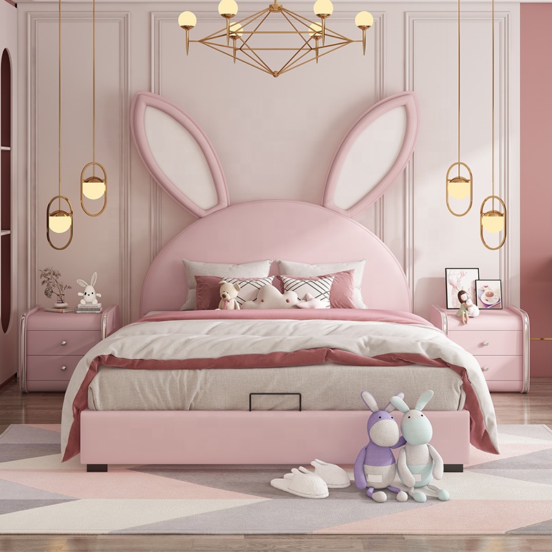 Children rabbit new design bed girls princess pink boy lovely double kids bed 