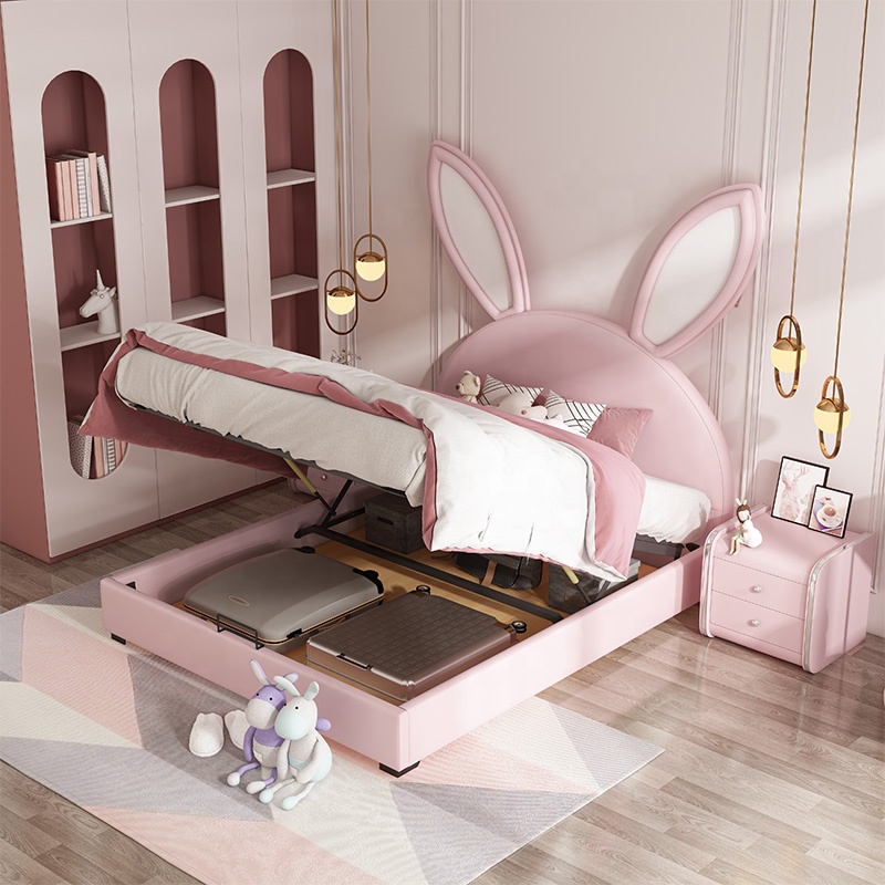 Children rabbit new design bed girls princess pink boy lovely double kids bed 