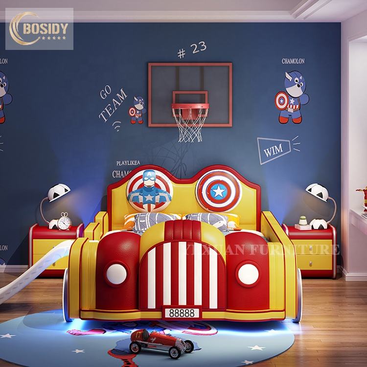 Modern LED light car bed designs kids' beds with slide for children bedroom 