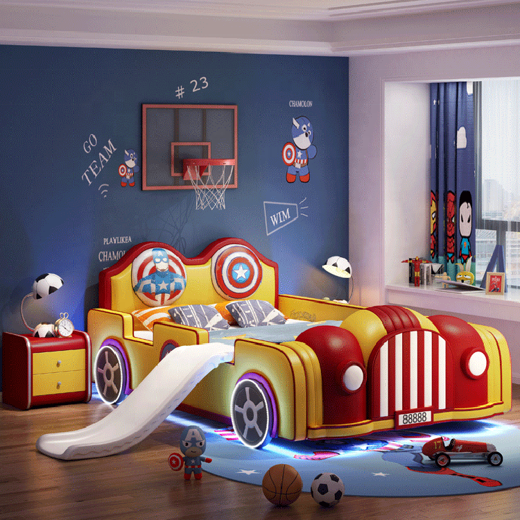 Modern LED light car bed designs kids' beds with slide for children bedroom 