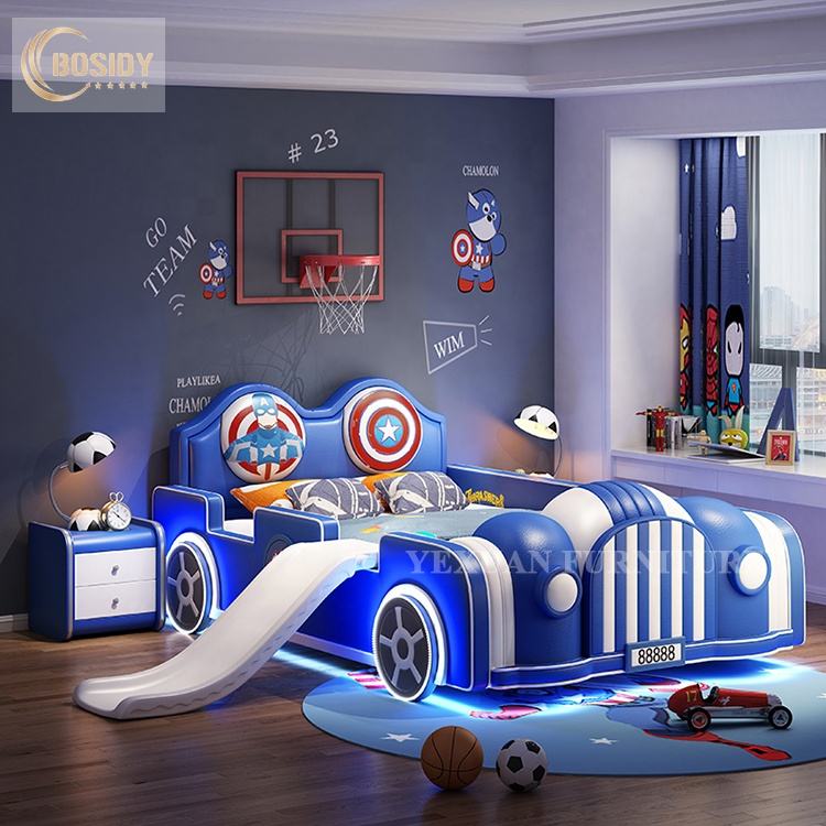 Modern LED light car bed designs kids' beds with slide for children bedroom 