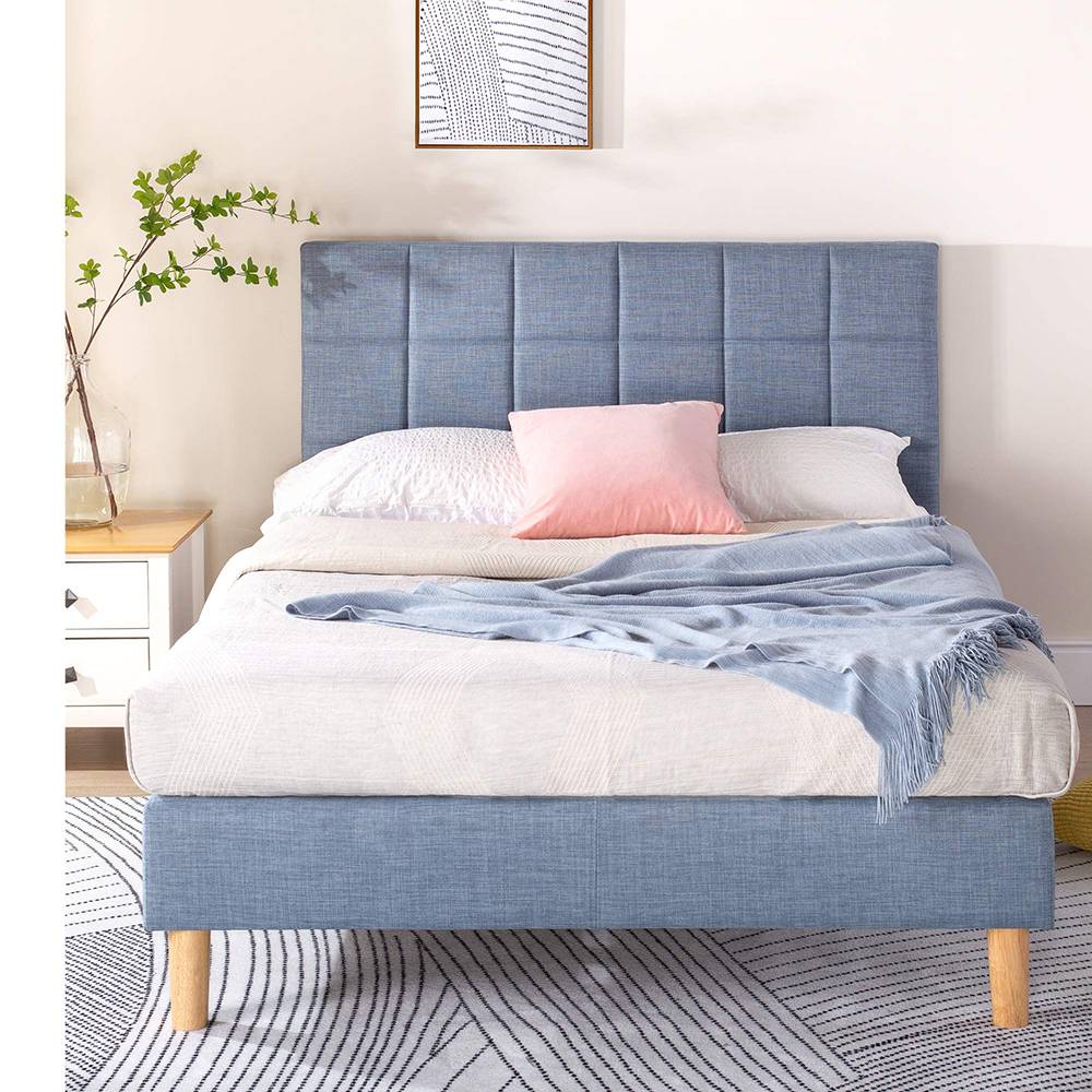 Easy Assembly Woven Fabric Upholstery Sky Blue Platform Bed Frame