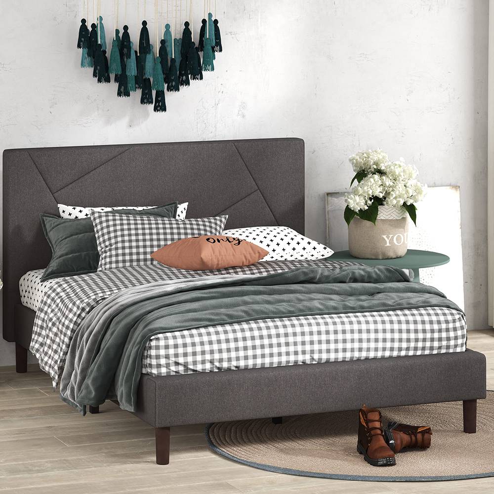 Grey Color Stylish Design Upholstered Platform Bed Frame