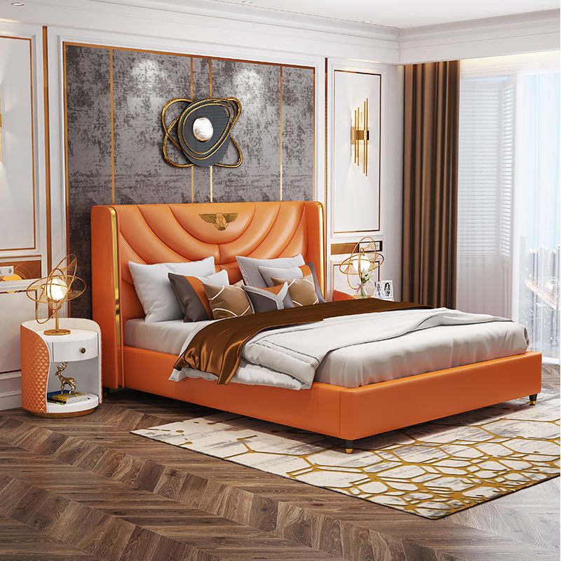 2022 New Postmodern Italian Light Luxury Simple Genuine Leather King size beds