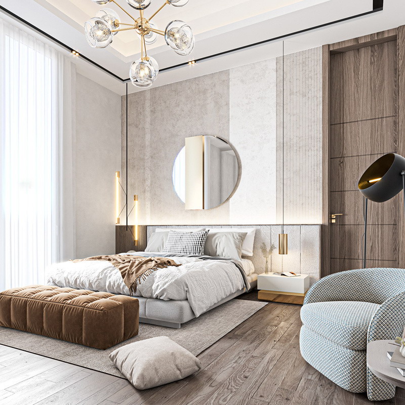 Interior design comfortable wooden platform leather headboard double king bed