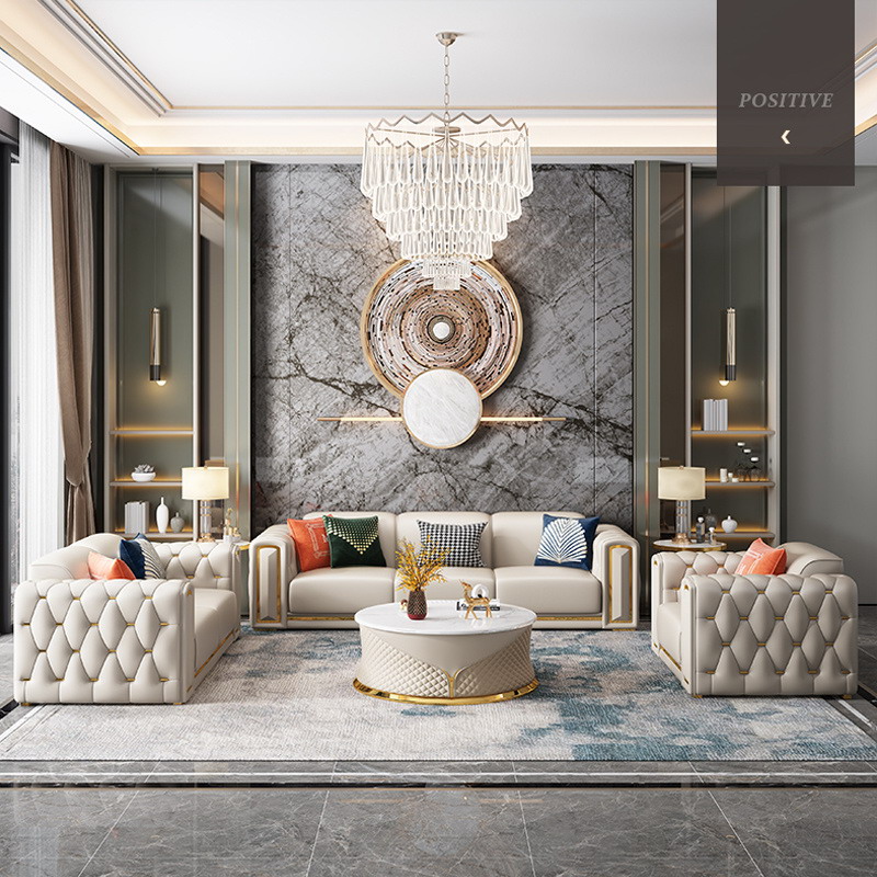 European style sofa chair, modern luxury 3-seater leather covered sofa set