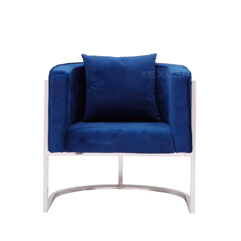 Luxury Silver Stainless Steel Arm Chair Blue Velvet Fabric Upholstered Chair