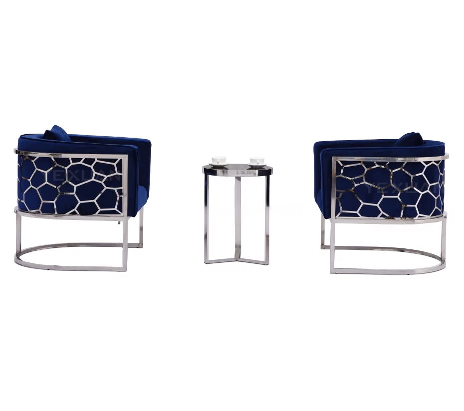 Luxury Silver Stainless Steel Arm Chair Blue Velvet Fabric Upholstered Chair