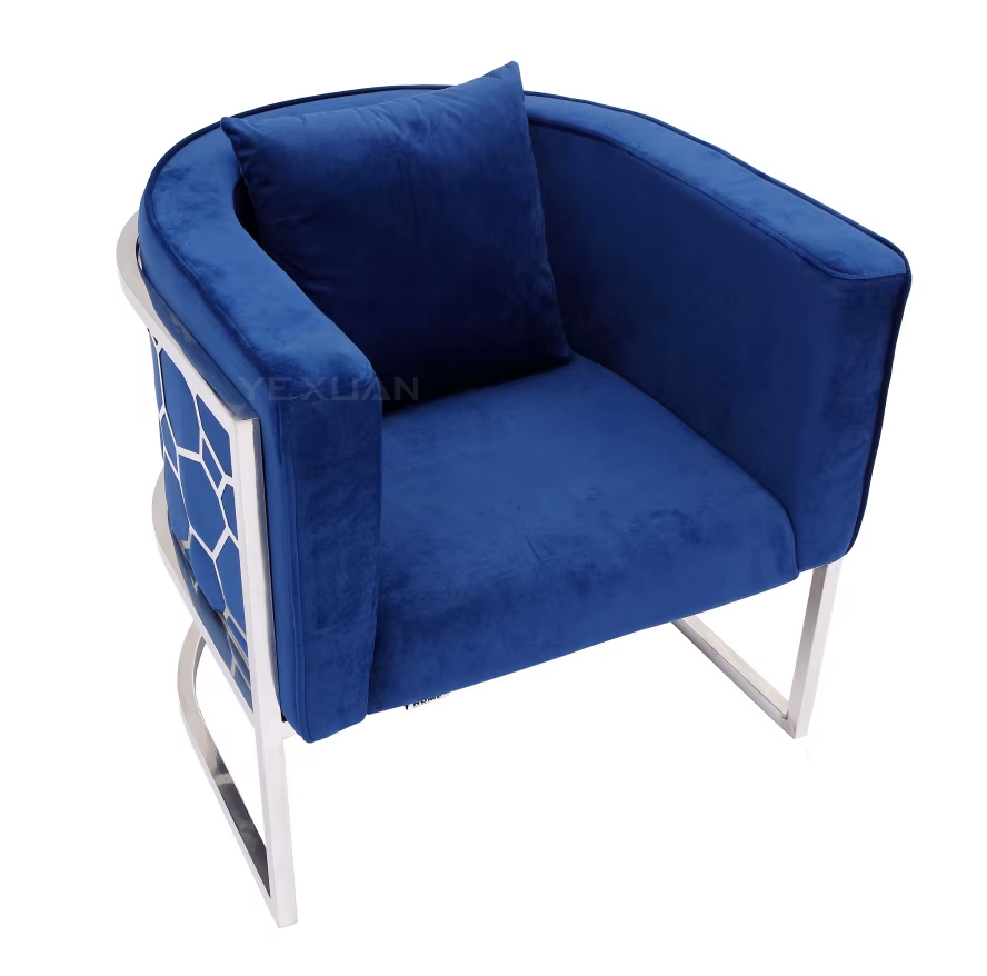 Luxury Silver Stainless Steel Arm Chair Blue Velvet Fabric Upholstered Chair