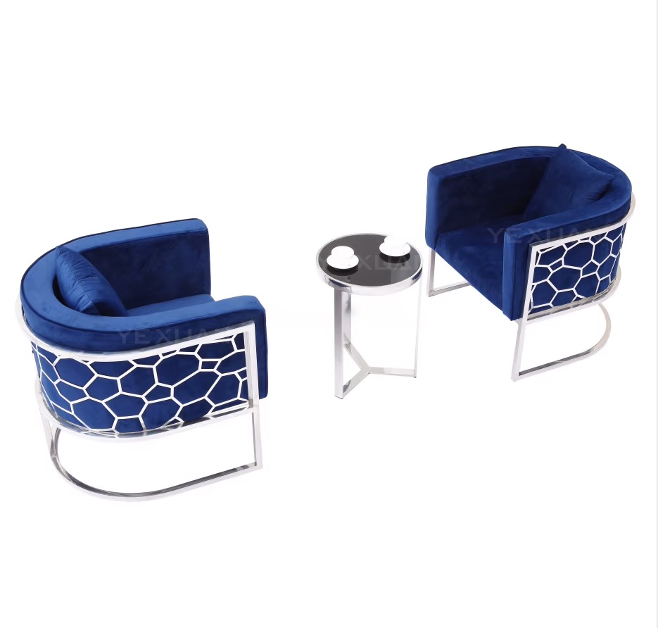 Luxury Silver Stainless Steel Arm Chair Blue Velvet Fabric Upholstered Chair