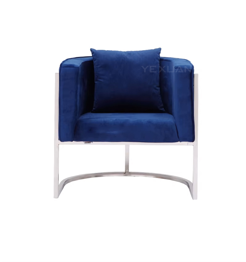 Luxury Silver Stainless Steel Arm Chair Blue Velvet Fabric Upholstered Chair