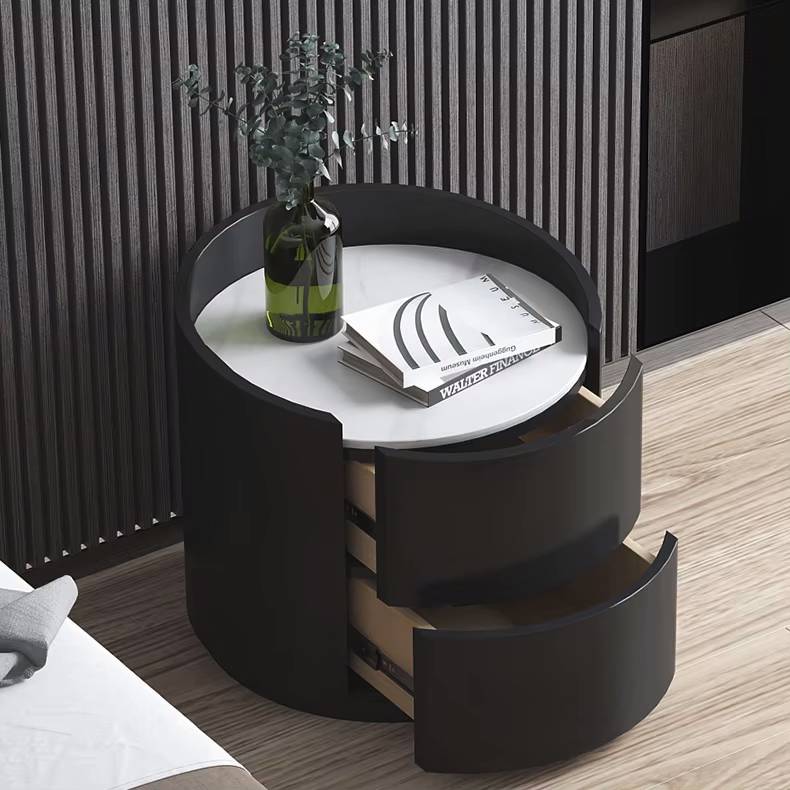Round White Black Top Marble Modern Nightstand for Bedroom Luxury in Furniture