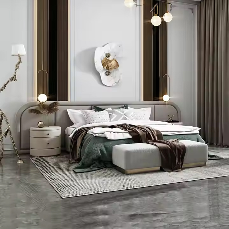 Italian Latest Modern Bedroom Set Furniture Light Luxury Velvet Fabric Double Be