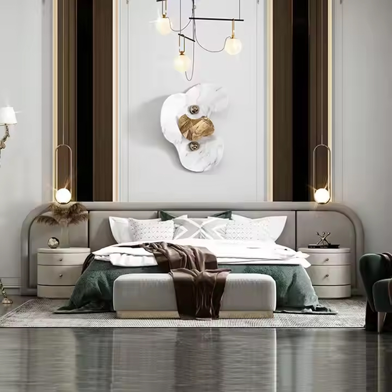 Italian Latest Modern Bedroom Set Furniture Light Luxury Velvet Fabric Double Be